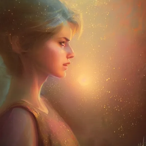 Prompt: beautiful uncertainty, sharp focus, intricate, elegant, digital painting, artstation, matte, highly detailed, concept art, illustration, volumetric lighting, gold and blue and pink color scheme, bokeh light, art by greg olsen and liz lemon swindle