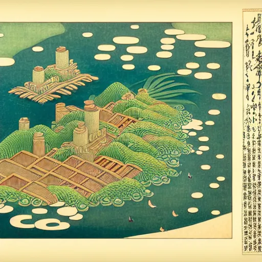 Image similar to 3d isometric botanical illustration of a small city in an island surrounded by water, diego rivera in Ukiyo-e style, HD