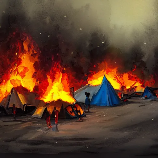 Image similar to a camp with tents on fire, burning down, shadows of 3 girls watching the camp burn, snow, painted by Sylvain Sarrailh