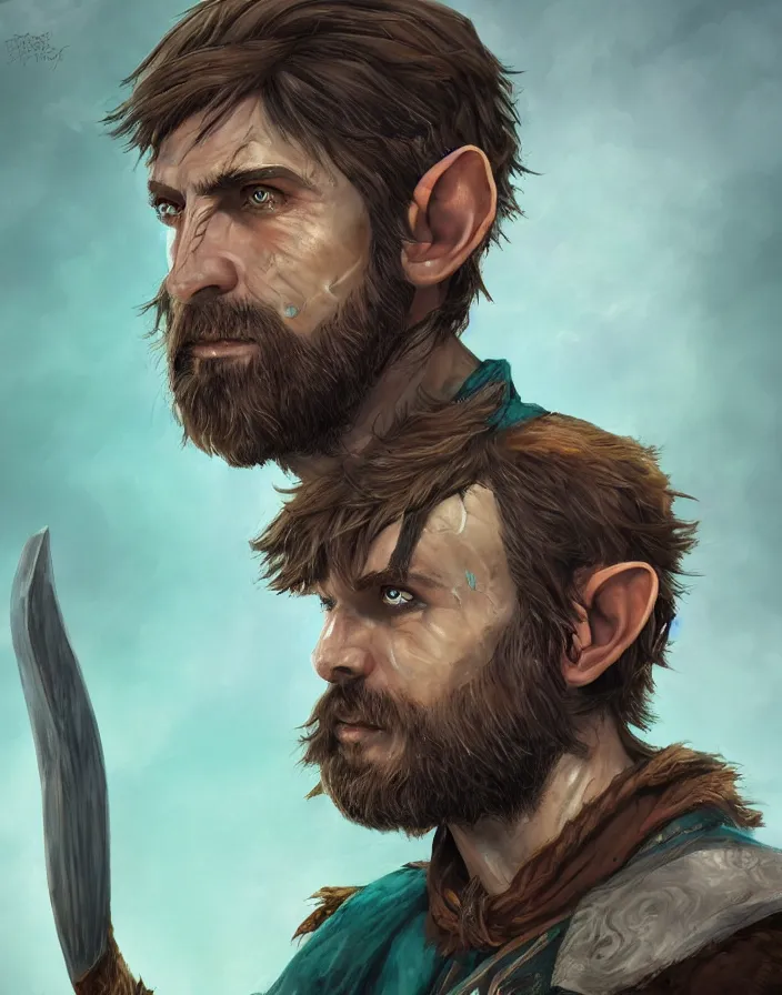 Image similar to An epic fantastic realism comic book style portrait painting of an arrogant half elf ranger with shaggy brown hair, scruffy beard, scar on face, teal tunic, 8k, 4k, D&D Concept Art, unreal 5, DAZ, hyperrealistic, octane render, cosplay, RPG portrait, dynamic lighting