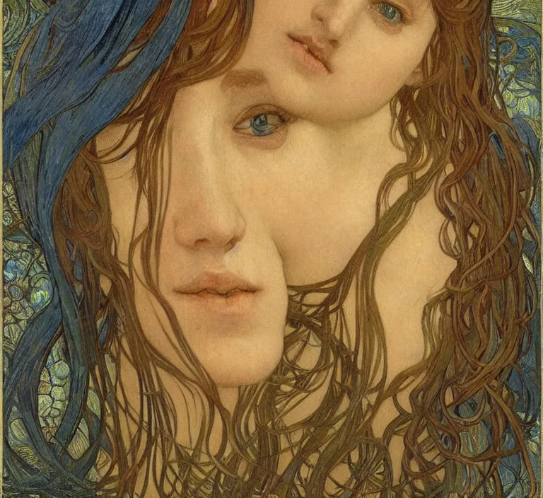 Image similar to detailed realistic beautiful young medieval queen face portrait by jean delville, alphonse mucha, vincent van gogh, and marco mazzoni, art nouveau, symbolist, visionary, gothic, pre - raphaelite
