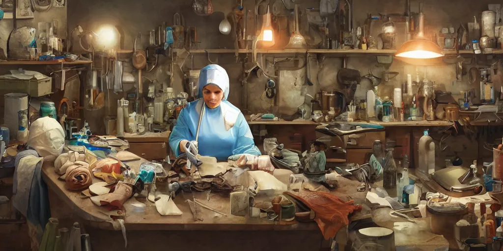 Image similar to an environmental concept art of a babushka surgeon in a cluttered workshop, surigcal impliments, surgery table, highly detailed, cinematic, dramatic