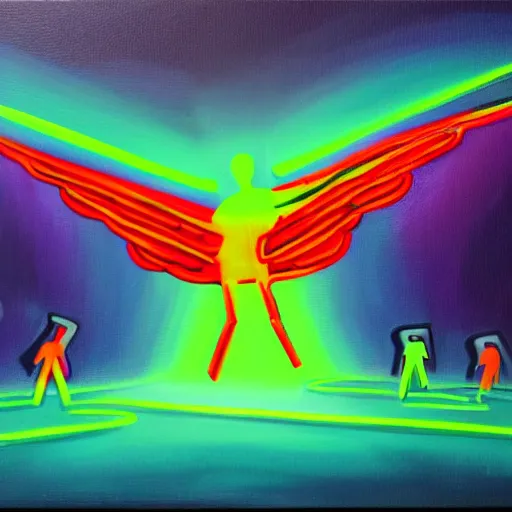 Image similar to Humans with wings flying to a neon light, oil painting