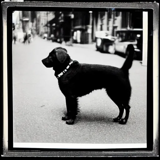 Image similar to wide-shot very low-angle eyesight photo of a dog at the street in New York, polaroid photo, by Andy Warhol, signed