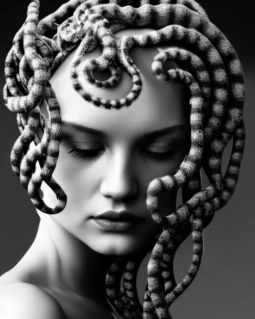 Image similar to surreal mythical dreamy artistic black and white fine art photo of a beautiful young female medusa - cyborg covered with fish scales and algae, highly detailed, intricate crystal ivy jelly fish scales ornate, poetic, octane render, 8 k, photo - realistic