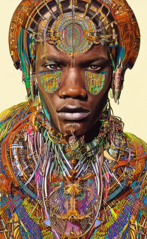 Prompt: upper half portrait of retro futuristic african tribal chief - embellished with vegetation and iridescent crystals, art by stanley artgem lau, design blocking by alphonso mucha, colouring by zdzisaw beksinski, highly detailed, digital painting, airbrush, concept art, illustration, smooth sharp focus, intricate, symmetry, artstation, colourful,