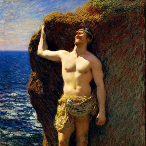 Prompt: an attractive male standing on a cliff, clothed!!!!, looking out at the ocean, by gaston bussiere, craig mullins, j. c. leyendecker, claude monet