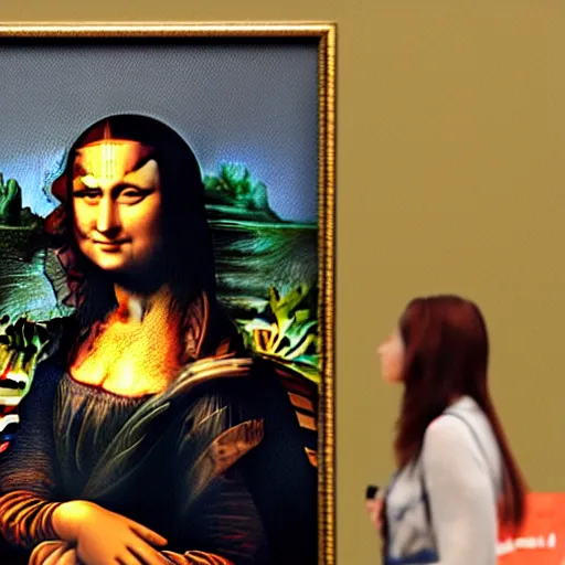 Prompt: painting of mona lisa but the view is from behind of mona lisa.