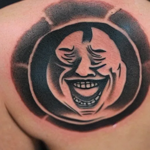 Prompt: tattoo on a man’s arm of Gojo Saturn from jiujitsu Kaisen laughing with a sun behind him