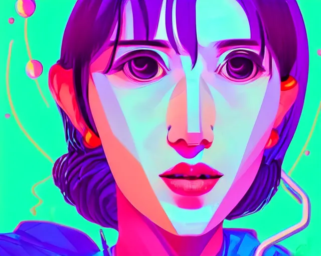 Image similar to beautiful portrait of momo from twice as a sci fi woman, with chaotic vaporwave aesthetic, concept art by james gilleard, wlop, artstation, cgsociety, synchromism, 8 0 s animation flat cell shaded. with thick black pencil lines - h 7 6 8