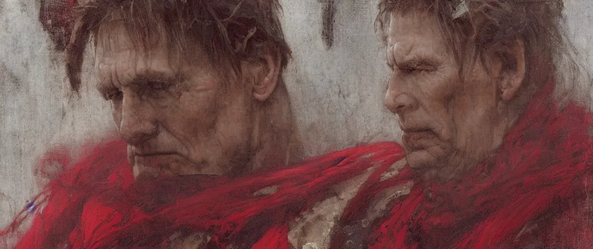 Image similar to the end is near. a tired julius caesar is sitting on a throne. face is highly detailed. splices of red are running down his toga. mist. close - up shot. dark background. soft light. imagined by jeremy lipking and alphonse mucha