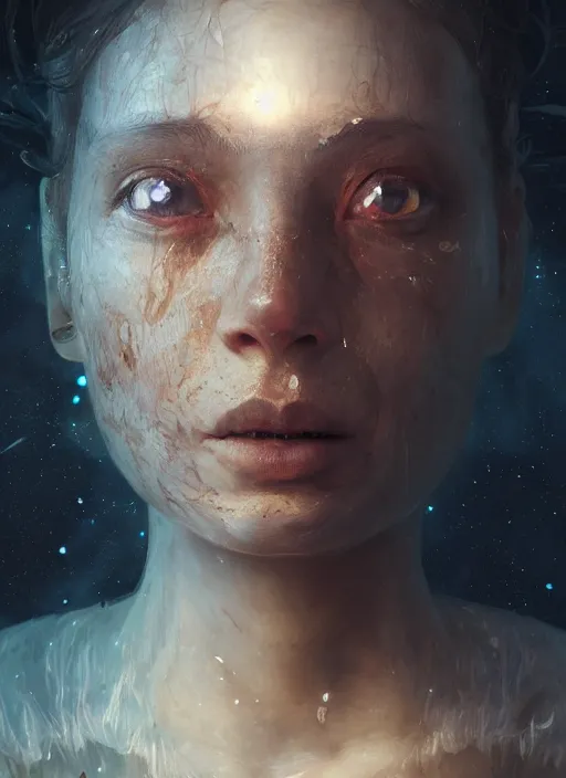 Image similar to dark portrait of world with a face crying on space, au naturel, hyper detailed, digital art, trending in artstation, cinematic lighting, studio quality, smooth render, unreal engine 5 rendered, octane rendered, art style by klimt and nixeu and ian sprigger and wlop and krenz cushart.