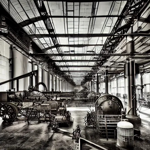 Prompt: an industrial age steam engine factory, photography