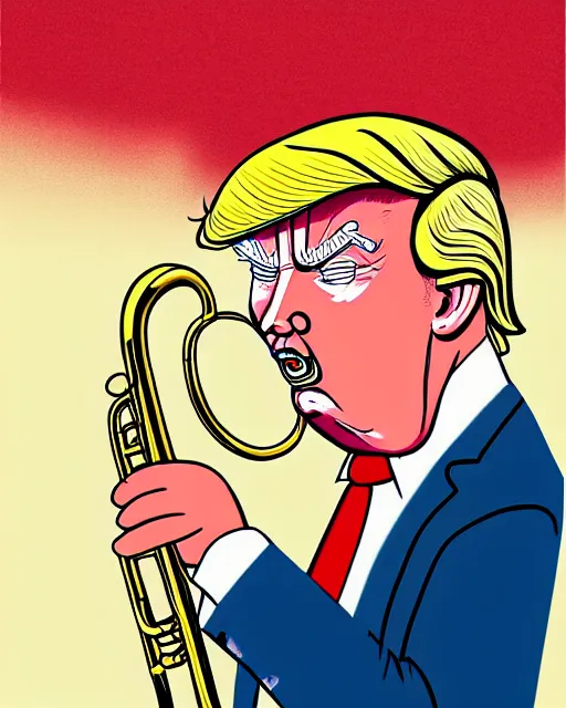 Image similar to painting portrait of trump with trumpet hair, cartoon, warm lighting, trump has hair as a trumpet, trumps hair is coming out as trumpet. movie poster, illustration by bartek fedyczak, erak note, tooth wu, neil richards, kan liu, siwoo kim, jisu choe, trending on art station