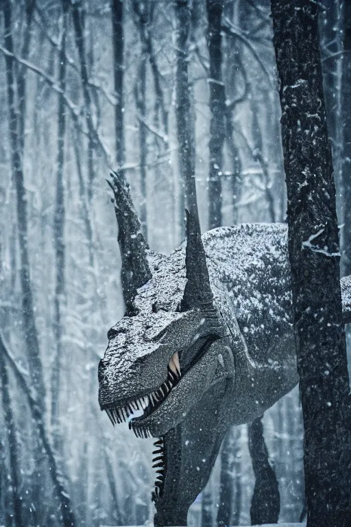 Image similar to a professional portrait photo of a t - rex in the forest in winter, extremely high fidelity, natural lighting,