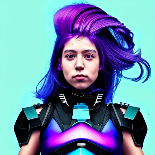 Image similar to a stunning upper body portrait of a beautiful woman with a ombre purple pink hairstyle with hair blowing in the wind wearing futuristic navy blue and teal battle bodyarmor and pauldrons by marvel comics, outrun, vaporware, action photography, movement, high shutter speed, highly detailed, fine detail, intricate, digital art, trending on artstation