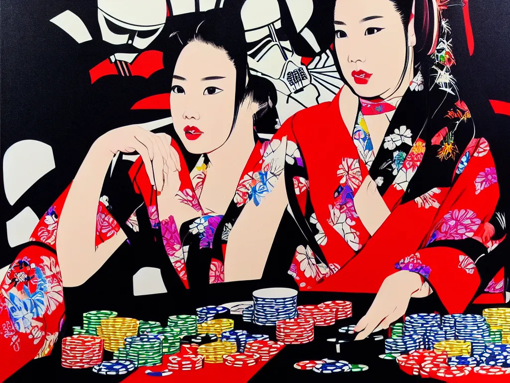 Image similar to hyperrealism composition of the detailed woman in a japanese kimono sitting at an extremely detailed poker table with darth vader, fireworks on the background, pop - art style, jacky tsai style, andy warhol style, acrylic on canvas