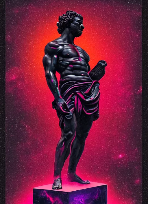 Image similar to black background with subtle red and purple geometric design elements, statue of hercules, nekro, graphic design, collage art, thin lines, dark, glitch art, neo vaporwave, gritty, layout frame, trending on artstation