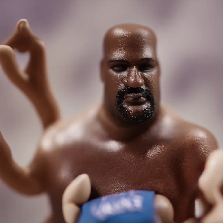 Image similar to a cinematic film still of a claymation stop motion film starring shaq, shallow depth of field, 8 0 mm, f 1. 8