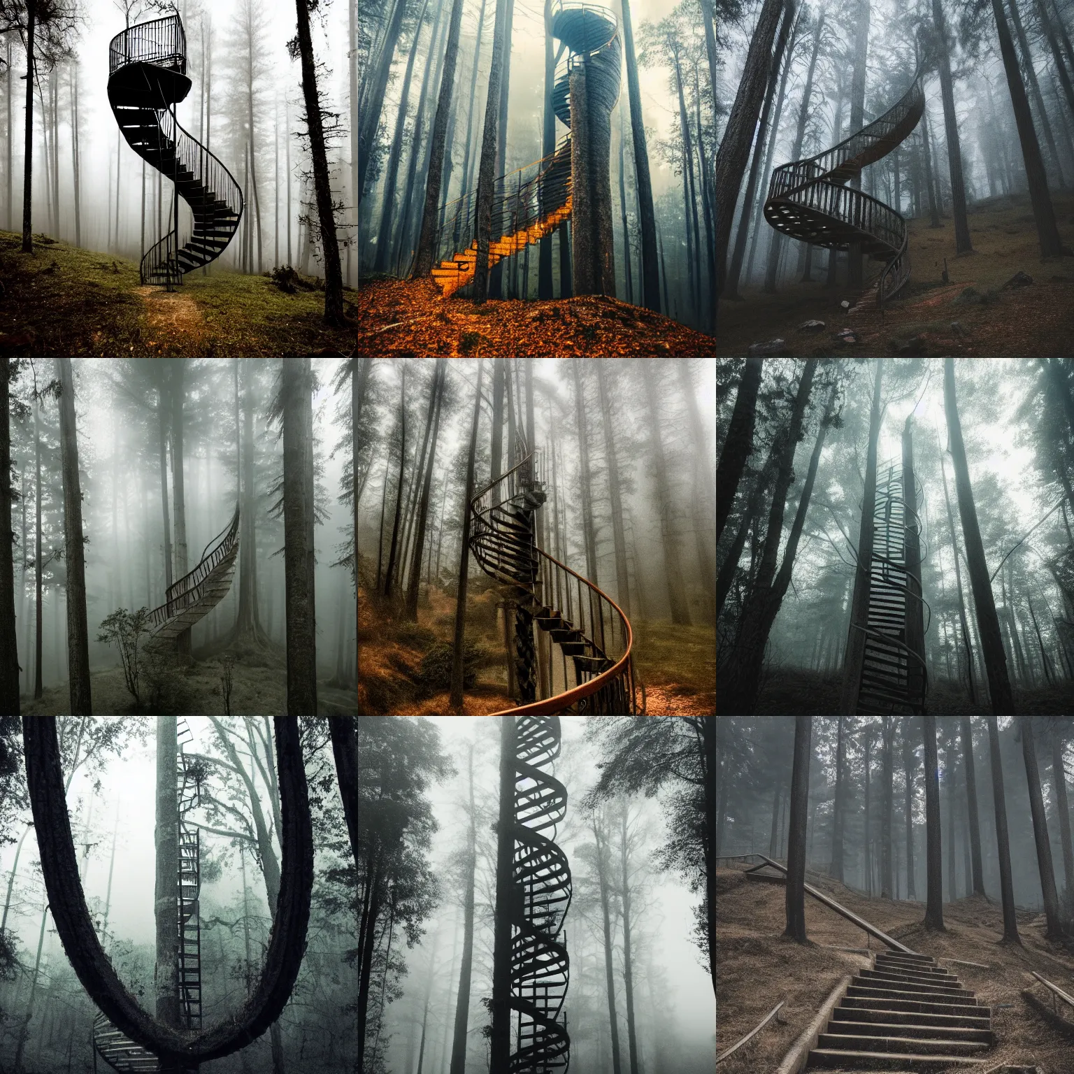 Prompt: an intricate 2 story tall spiral staircase in the middle of the forest, landscape, moody, fog, cinematic