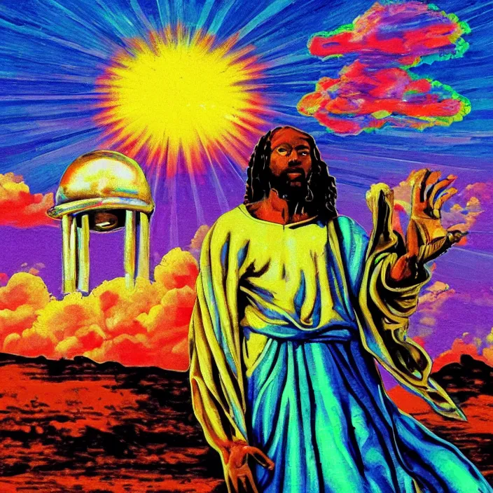 Image similar to UFO hovering over an African Jesus , clouds, colorful, in the style of Nigerian bus art,