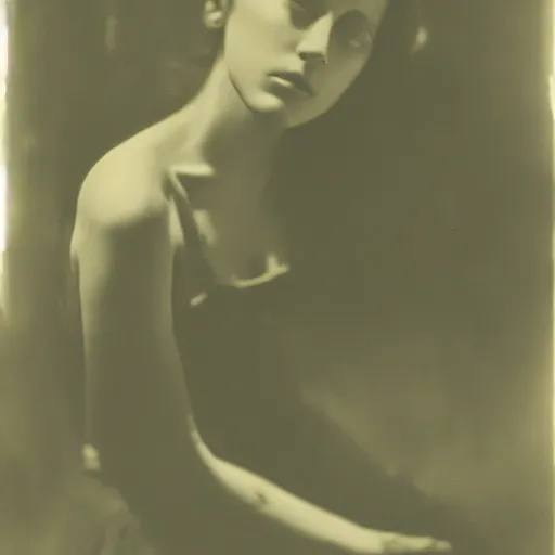 Image similar to film still of a young female with dark features decaying with the thought of her life ahead of her, despondent, waiting in search of some other place, moonlit night, dark mood, accentuated shadows, in style of william mortensen