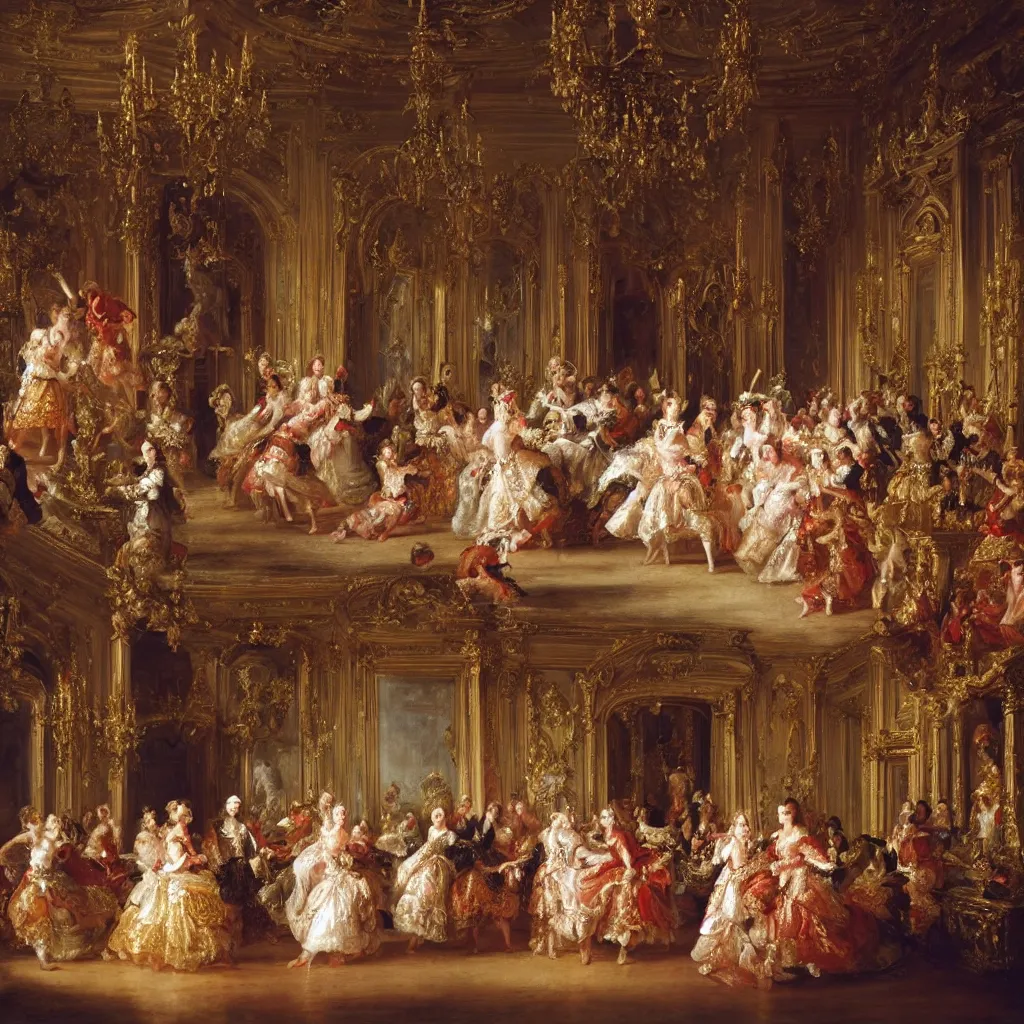 Prompt: the nobles danced in the splendid palace, palace dance, dress in the style of rococo, dreamy, romantic, night lighting, highly detailed, expressive impressionist style, 8 k