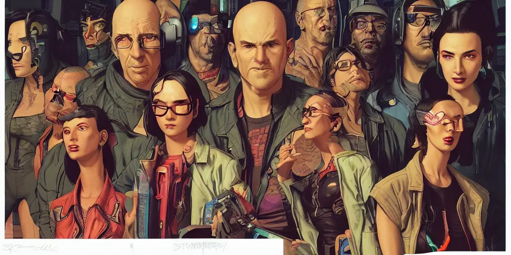Image similar to cyberpunk heist crew. portrait by stonehouse and mœbius and will eisner and gil elvgren and pixar. character design. realistic proportions. dystopian. cyberpunk 2 0 7 7 character art, blade runner 2 0 4 9 concept art. cel shading. attractive face. thick lines. hi def 4 k. the team. detailed interesting characters. realistic faces.