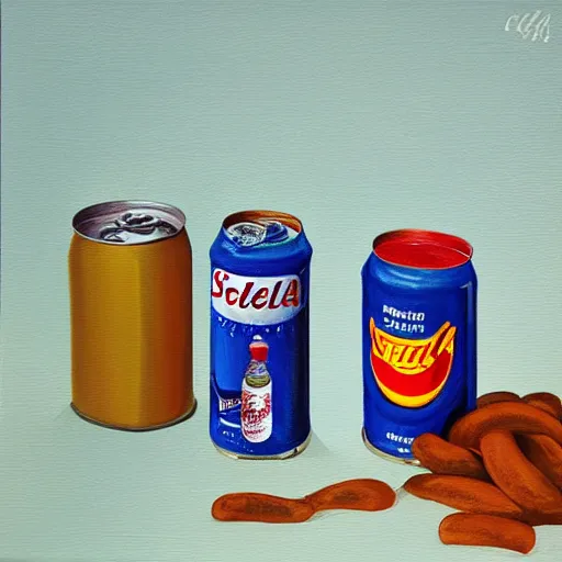 Image similar to realistic painting of a still life with can of stella and happy meal