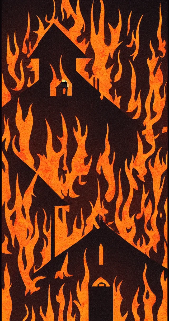 Image similar to minimalist poster art design of a burning church under a demon sky