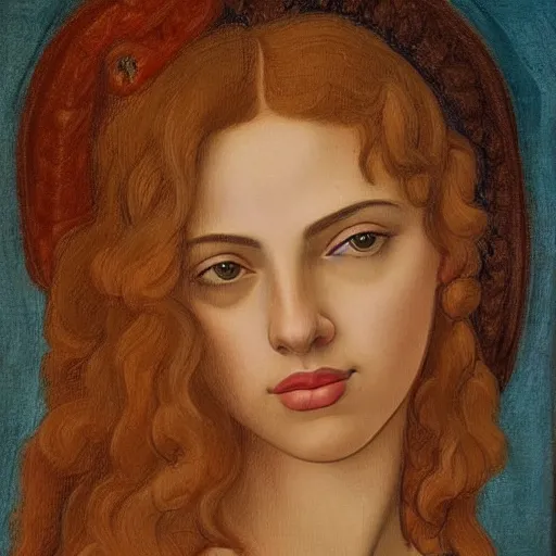 Image similar to a detailed profile portrait oil painting of a very young italian woman resembling scarlett johansson and ana de armas, in the style of boticelli's young woman in mythological guise, by boticelli and davinci