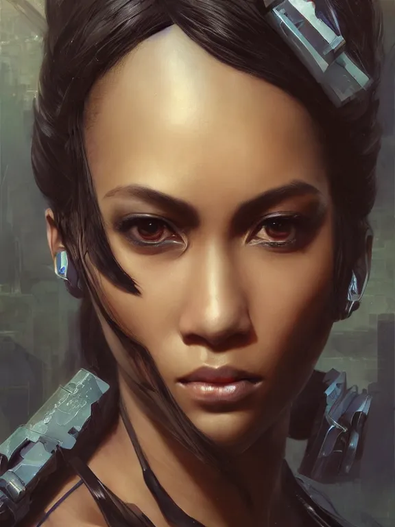 Prompt: Full shot a female cyberpunk thief brown skin. Symmetrical facial features. By Ruan Jia and Stanley Artgerm, Range Murata and WLOP and Ross Tran and William-Adolphe Bouguereau. Key Art. Fantasy Illustration. award winning, Artstation, intricate details, realistic, Hyperdetailed, 8k resolution.