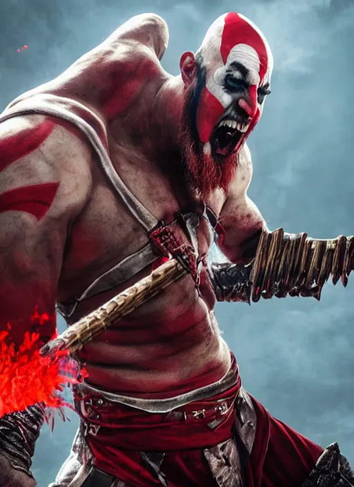 Image similar to red face paint armored screaming kratos rocking out on a flaming stratocaster guitar, cinematic render, god of war 2 0 1 8, playstation studios official media, lightning, flames, left eye red stripe, red left eye stripe, left eye red stripe, red left eye stripe, clear, coherent