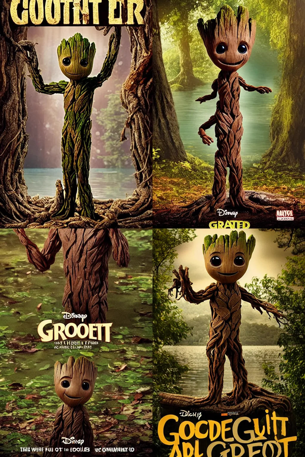 Prompt: a poster of the cute little Groot, who lies in a lake in the middle of the forest by disney plus