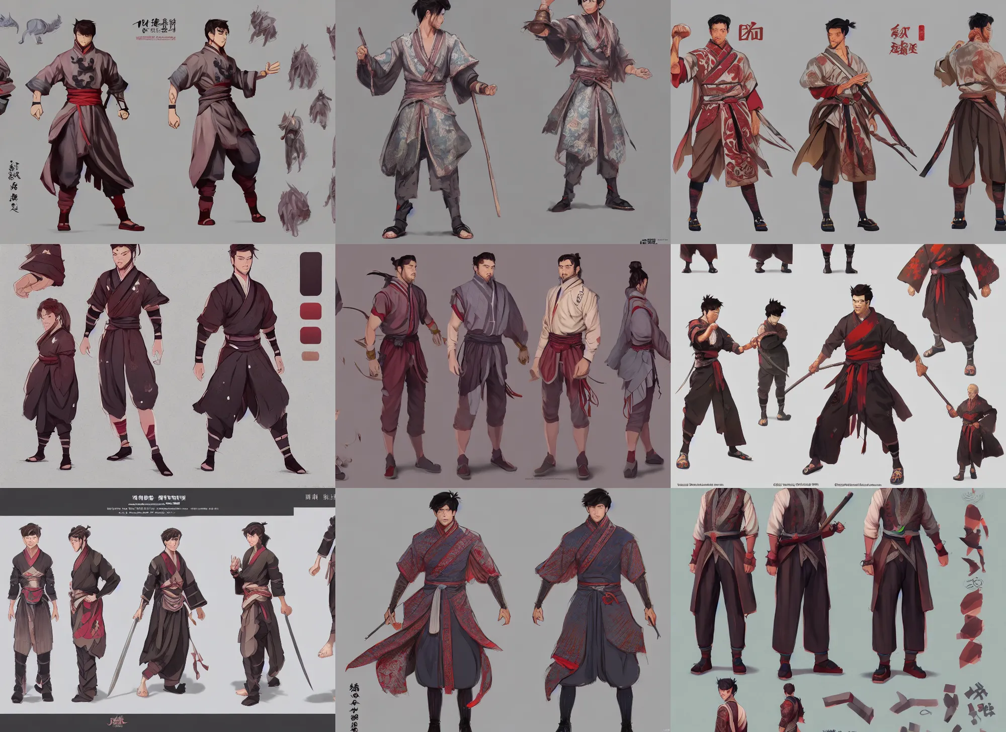 Prompt: character sheet for a cute wuxia beefy male, clothes has complex pattern, dynamic color, for genshin impact by greg rutkowski, by studio ghibli, digital art, trending on artstation, hd, 8 k, highly detailed, good lighting, beautiful, masterpiece