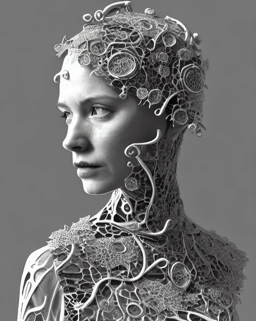 Image similar to monochrome 3 d model, profile portrait 1 8 9 0 picture, silver lace floral steampunk biomechanical beautiful young female cyborg with techno eye, volumetric light, leaves foliage and stems, hibiscus flowers, sinuous fine roots, fine foliage lace, alexander mcqueen, rim light, big gothic fashion pearl embroidered collar, octane render, dutch masters, 8 k