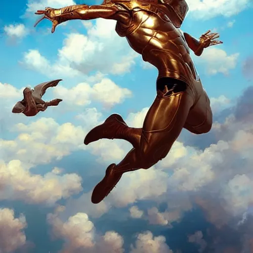 Image similar to a man flying through the sky. photorealistic. realism. 4 k wideshot. cinematic. unreal engine. masterpiece. rule of thirds. beautiful. artgerm. marc simonetti. jc leyendecker