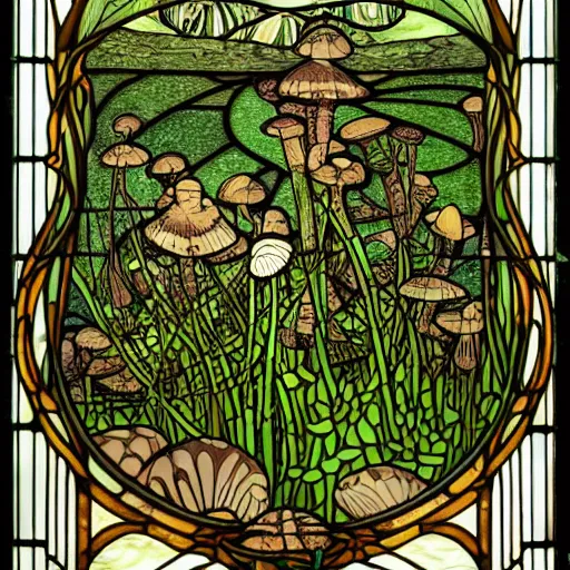 Prompt: beautifully detailed victorian art nouveau stained glass mushroom river reeds duckweeds close up abstract mallard feathers rubber leaves foliage, circle, curved arched borders kilian eng harry clarke