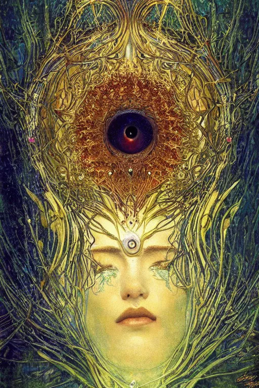 Image similar to The Heart of Thorns by Karol Bak, Jean Deville, Gustav Klimt, and Vincent Van Gogh, otherworldly, fractal structures, arcane, prophecy, ornate gilded medieval icon, third eye, spirals