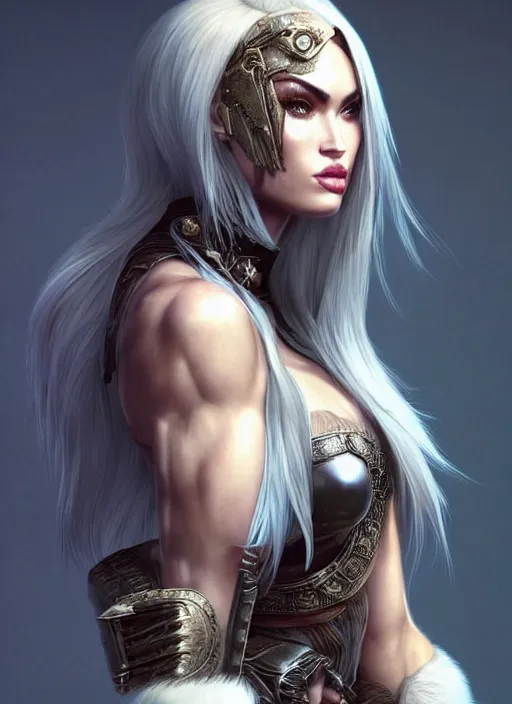 Image similar to ! dream barbarian, fur leather armor!!! megan fox, beautiful and elegant white hair female!! gorgeous ayes!! character concept art, sharp focus, octane render! unreal engine 5! highly rendered!! trending on artstation!! detailed linework!! illustration by artgerm, wlop, and chie yoshii