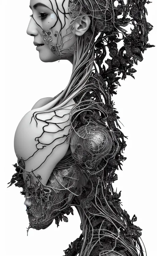 Image similar to black and white complex 3d render of 1 beautiful profile woman porcelain face, vegetal dragon cyborg, 150 mm, sinuous silver metallic ghost orchid flower stems, roots, leaves, fine lace, maze-like, mandelbot fractal, anatomical, facial muscles, cable wires, microchip, elegant, highly detailed, black metalic armour with silver details, rim light, octane render, H.R. Giger style, David Uzochukwu