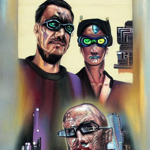 Image similar to portrait of three cyberpunk mobsters, detailed painting