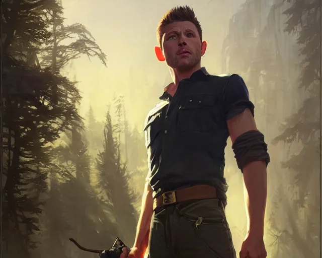 Image similar to highly detailed portrait of jensen ackles as an elf, in gta v, stephen bliss, unreal engine, fantasy art by greg rutkowski, loish, rhads, ferdinand knab, makoto shinkai and lois van baarle, ilya kuvshinov, rossdraws, tom bagshaw, global illumination, radiant light, detailed and intricate environment