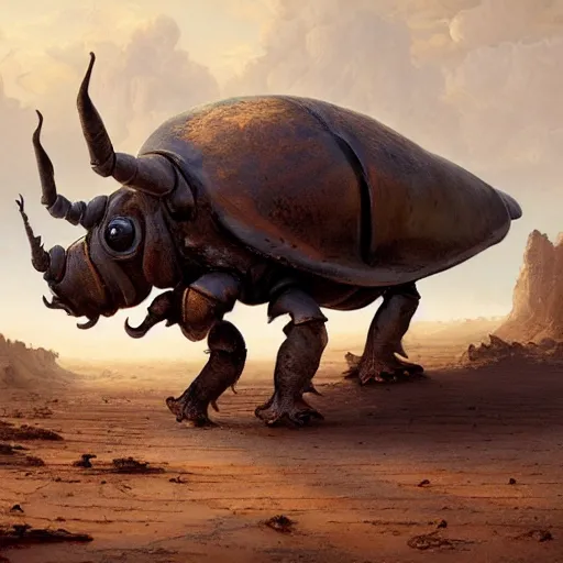 Image similar to giant rhinoceros beetle carrying a merchant's city on its back walking through a desert, panorama, oil painting, by greg rutkowski