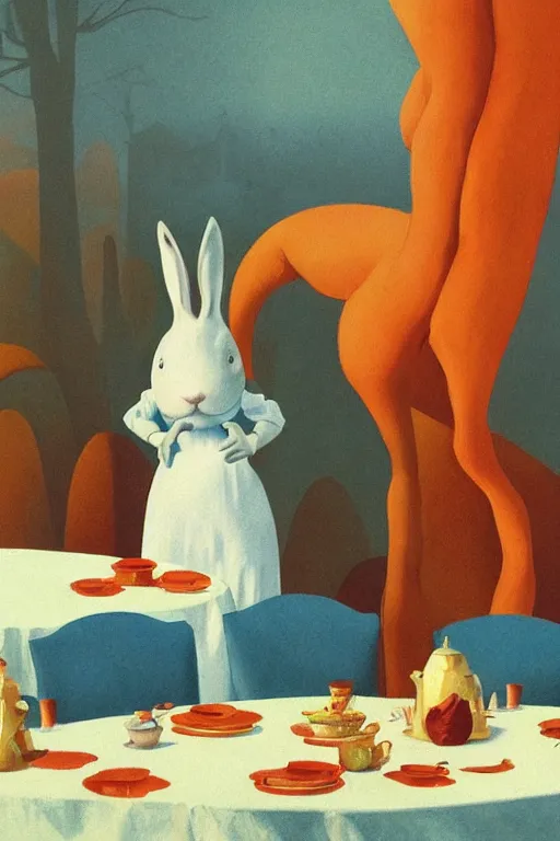 Prompt: Alice portrait tea party with Mr Rabbit in the wonder trash land Edward Hopper and James Gilleard, Zdzislaw Beksisnski, higly detailed