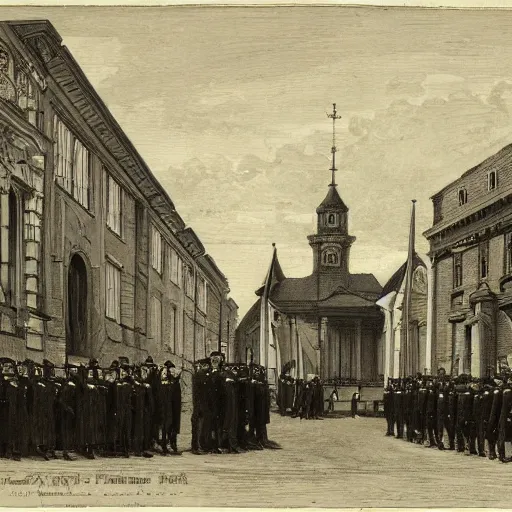 Image similar to by william henry hunt ornamented. the experimental art of a police station in the lithuanian city of vilnius. in the foreground, a group of policemen are standing in front of the building, while in the background a busy street can be seen.