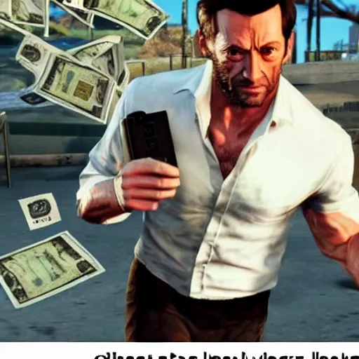 Prompt: action shot of hugh jackman in GTA V, GTA VI, at the club taking selfies with a pile of cash in the background, 8K, highly detailed, photo realistic