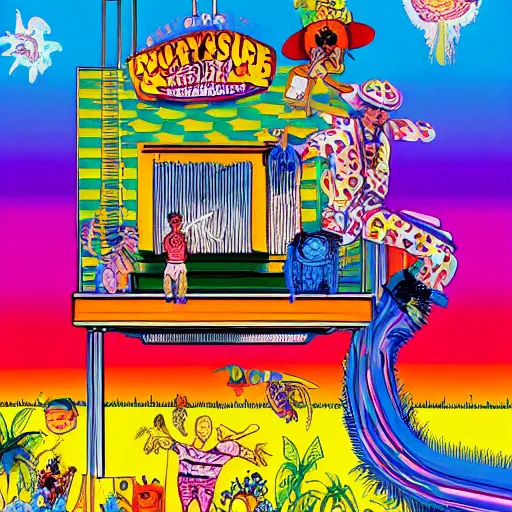 Image similar to Somewhere between Apocalypse Now and The Matrix, Cowboy Curtis on Pee Wee's Playhouse in the 80s, hyperreal intricate lifelike art by Gary Panter and Lisa Frank