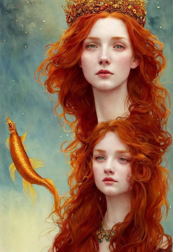 Prompt: beautiful watercolor painting of a young red hair woman wearing a crown of long golden fish, intricate, elegant, highly detailed, digital painting, artstation, concept art, smooth, sharp focus, art by krenz cushart and artem demura and alphonse mucha, dynamic lighting, full body shot, ultrarealistic, cinematic, octane render, 8 k