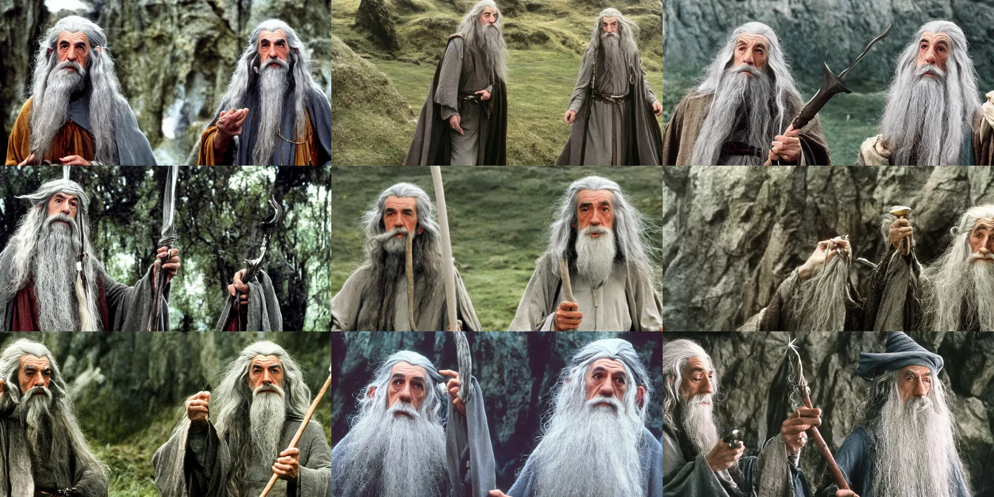 Prompt: A full color still of George Harrison dressed as Gandalf, in The Lord of the Rings directed by Stanley Kubrick 1970, 35mm film